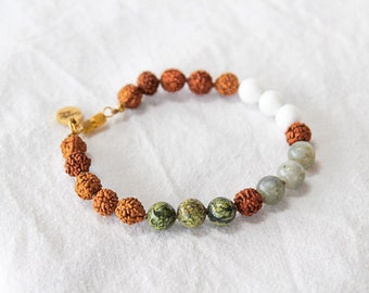 YULE Japa Armband, Serpentin, Labradorit, weiße Bergjade, Rudraksha, RAD DES JAHRES