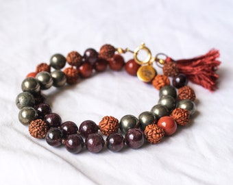 FIRE Mini Mala, Red Jasper, Pyrite, Garnet, Rudraksha PENTAGRAM elements, choker, wrap bracelet, mini tassel.