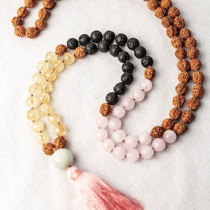 Collier de perles Mala MABON 108, quartz rose, pierre de lave, citrine, collier sacré Rudraksha, ROUE de l&#39;année