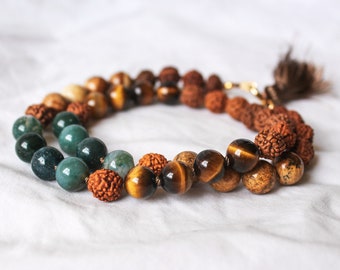 LUGHNASADH Mini Mala, Tigers Eye, Moss Agate, Jasper, Rudraksha, WHEEL Of The YEAR, choker, wrap bracelet, mini tassel.