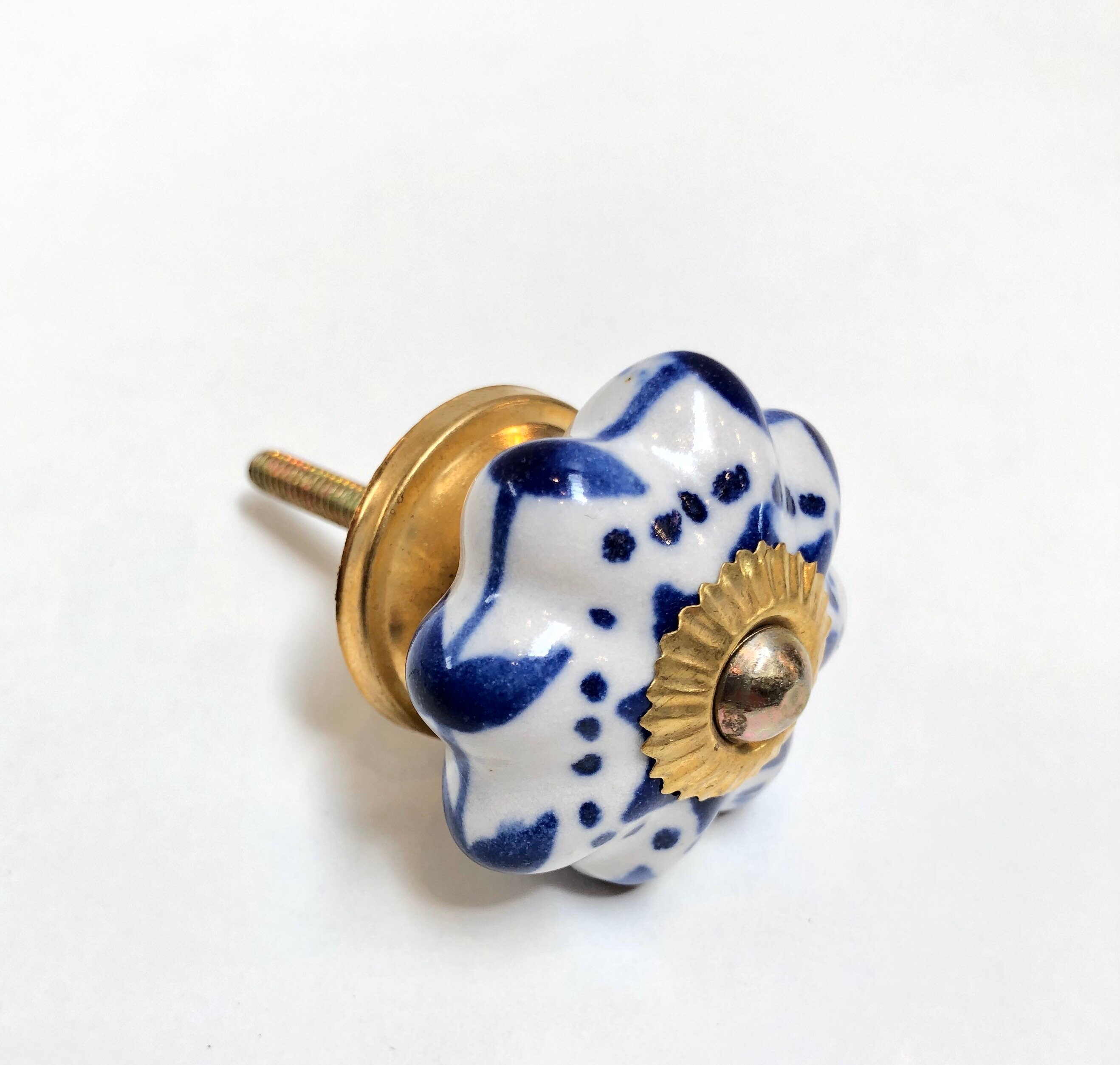 ブルー ホワイト スペイン製 セラミックノブ 手描き キッチン