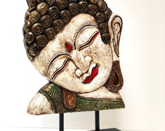 Large Buddha Face Carved Wood Free Standing Statue