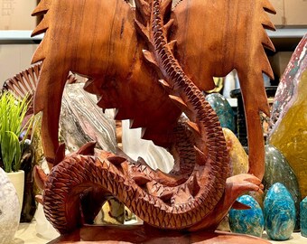 木製の大型 3 頭ドラゴン像 手彫り 重厚な木製 16 インチ - Etsy 日本