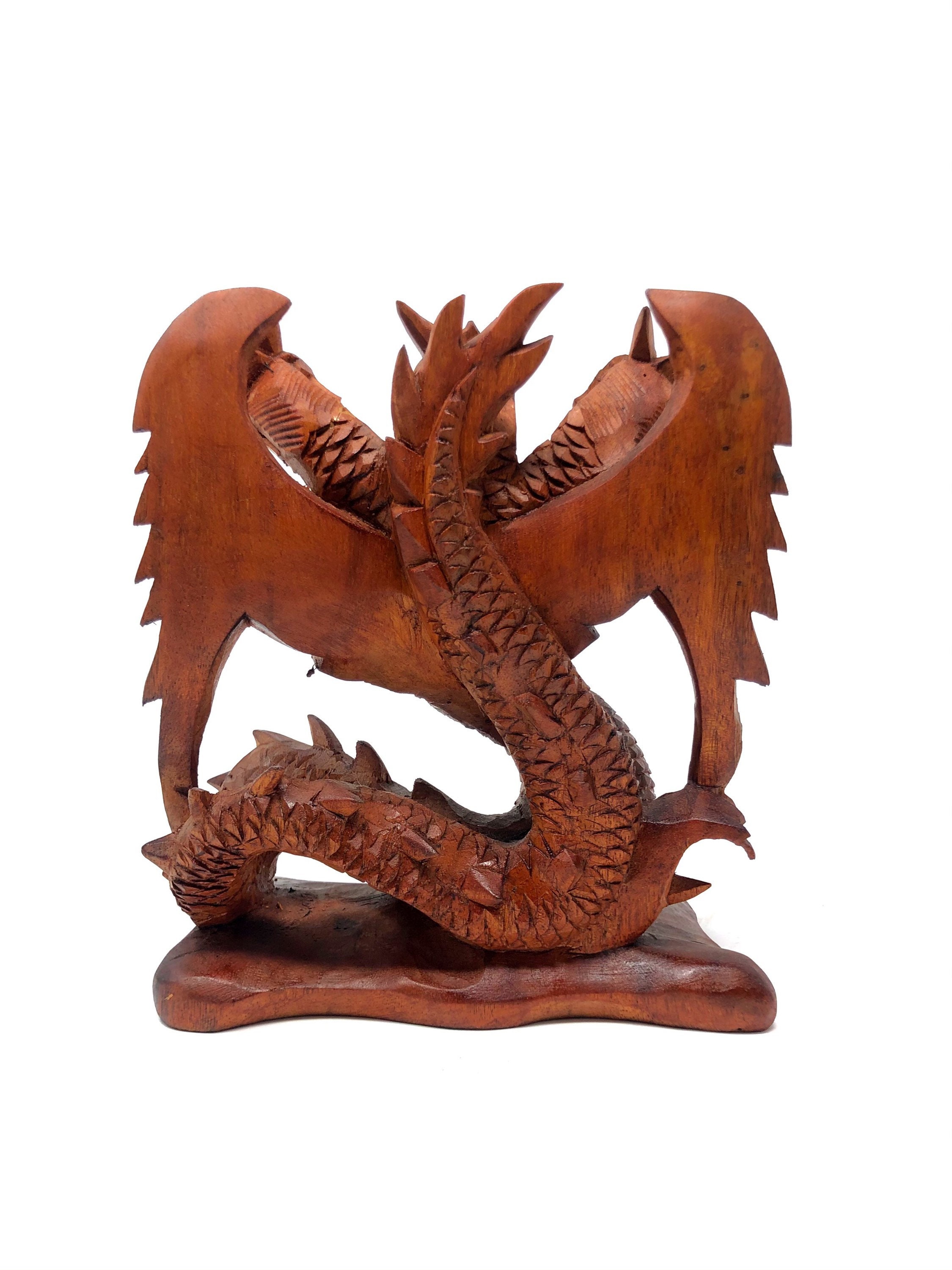木製の大型 3 頭ドラゴン像 手彫り 頑丈な重厚木 8 インチ - Etsy 日本