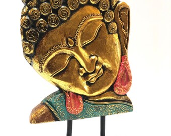 Buddha Carving Geleng Face Carved Wood Gold