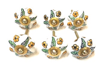 花柄の芸術的なノブ セラミック 手描き キッチンキャビネット 引き出し取手 手作りドアノブ 家具ハードウェア 6個