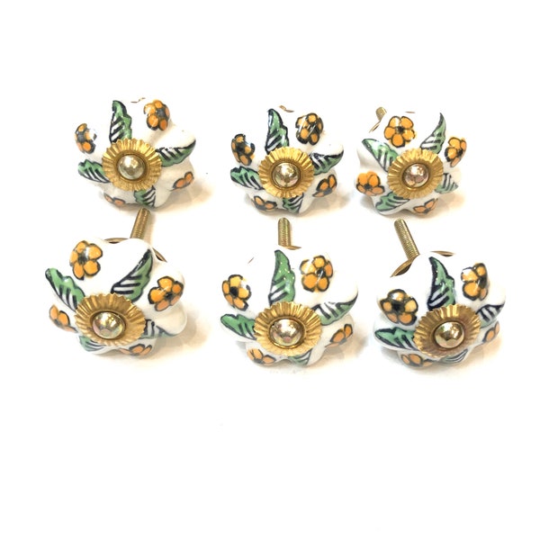 Floral Artistic Knobs Ceramic Handpainted Kitchen Cabinet Drawer Pulls Handmade Door Knobs Furniture Hardware 6Pcs