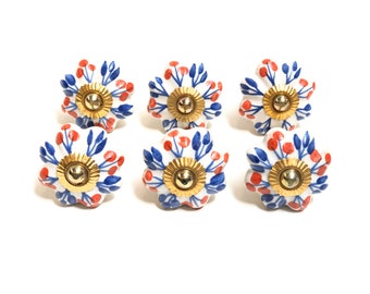 赤青花柄ノブ 手描き キッチンキャビネット 引き出し取っ手 ハンドメイド セラミック ドアノブ 家具金具 6個