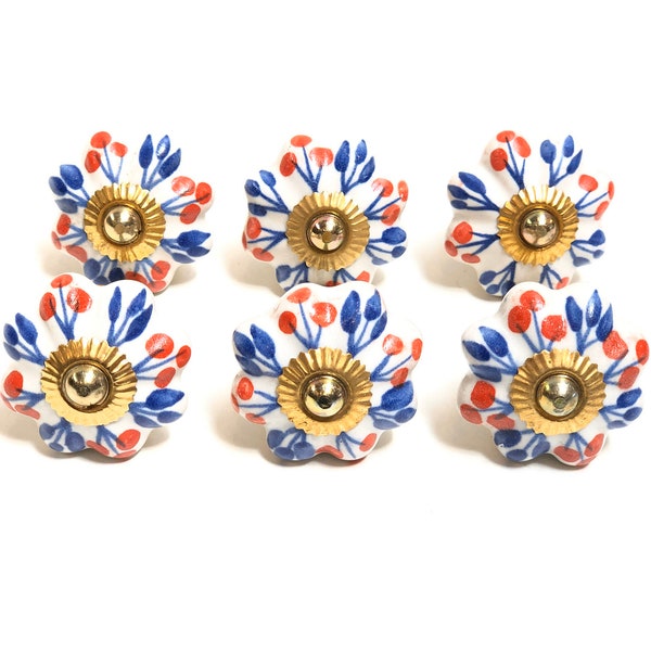 Red Blue Floral Knobs Handpainted Kitchen Cabinet Drawer Pulls Handmade Ceramic Door Knobs Furniture Hardware 6Pcs