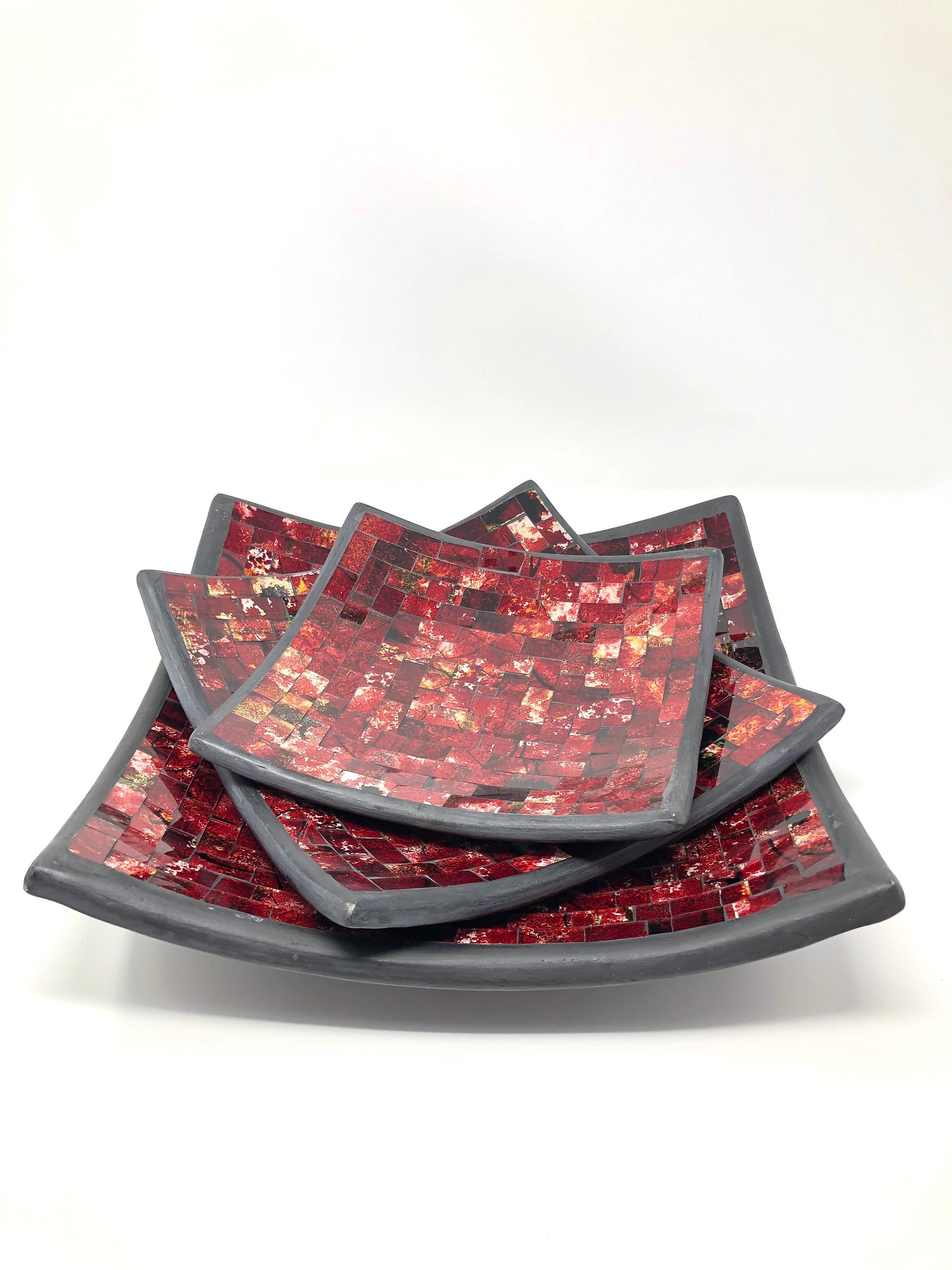 Square Mosaic Red Plate Vase Set of 3 Hand Made Decorative Etsy