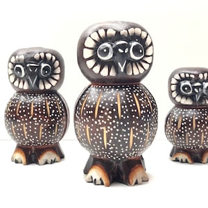 Owl Statue Figurine Set Of 3 Hand Carved and Detail Dot Painted