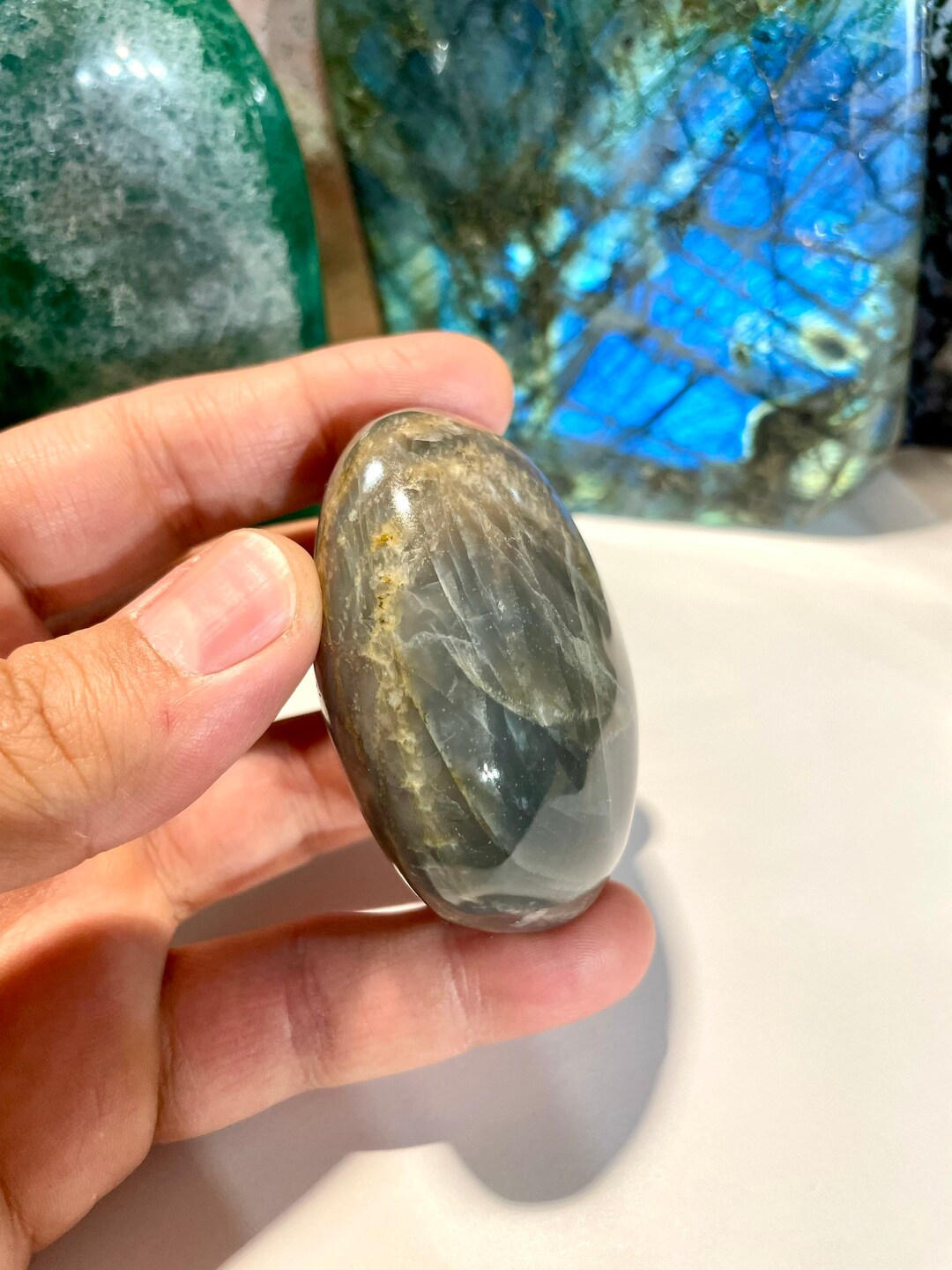 Gray Moonstone Palm Stone Grey Rock Healing Crystals Yoga Reiki