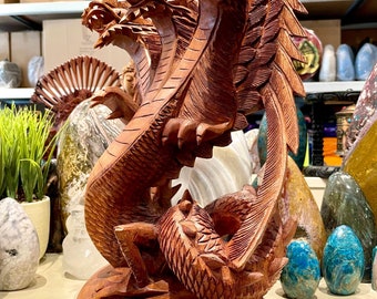 木製の大型 3 頭ドラゴン像 手彫り 重厚な木製 16 インチ - Etsy 日本