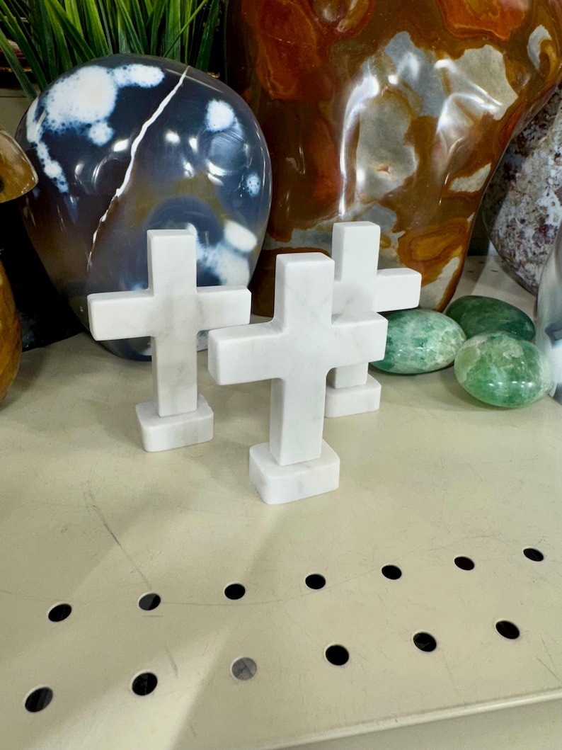 Hand Carved White Marble Cross, Natural Stone Religious Decor 3.5”H X 2 ...