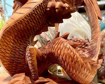 木製の大型 3 頭ドラゴン像 手彫り 重厚な木製 16 インチ - Etsy 日本