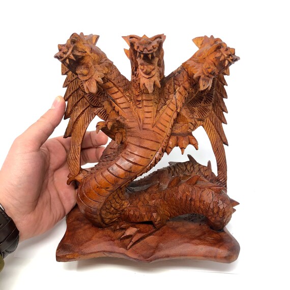 ドラゴン木竜 木製の大型 3 頭ドラゴン像 手彫り 頑丈な重厚木 8