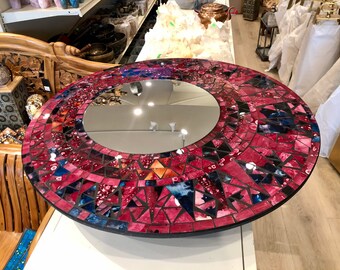 Large Round Purple Mirror Artistic Mirror Glass Inlay 24” D