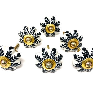 Può includere: Sei pomelli per mobili in ceramica bianca con motivi floreali neri e dettagli dorati. Ogni pomello ha una vite per l'installazione.