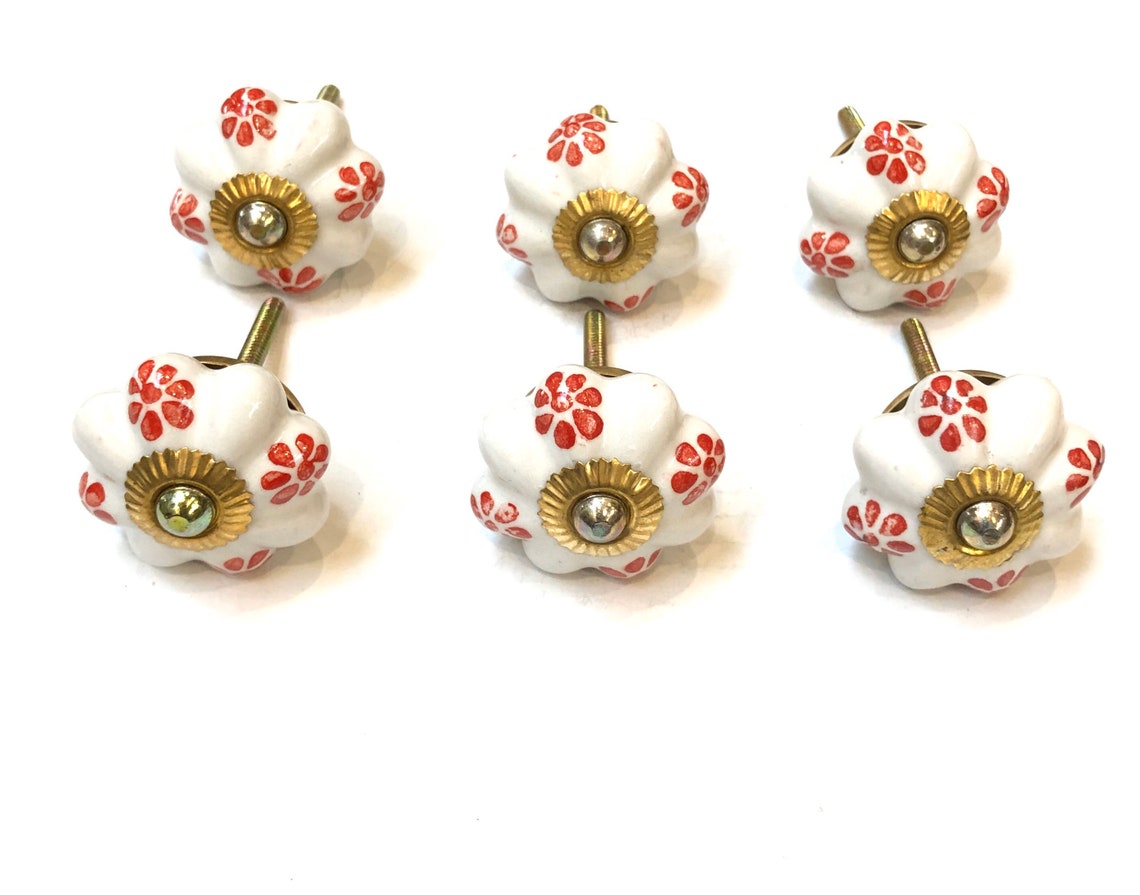 Perillas del gabinete flores rojas 6pcs cerámica pintada a | Etsy