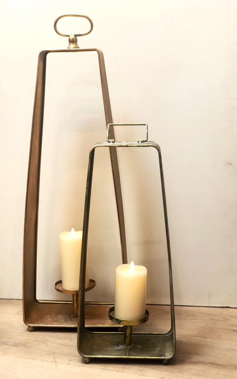 Tall Lantern Candle Holder Set French Medieval Style Trapezoid Gold ...