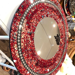 Large Round Mirror Red Mirror Inlay Artistic Glass Inlay 24” D