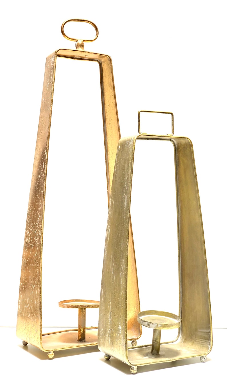 Tall Lantern Candle Holder Set French Medieval Style Trapezoid Gold ...