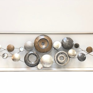 Wall Hanging Art Metal Framed Gold Silver Bronze Round Mirror Inlay Shapes 35” x 12”