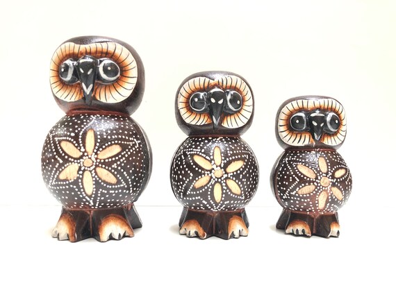 Owl Statue Figurine Set Of 3 Hand Carved and Dot Painted