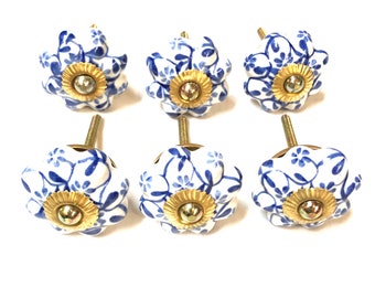 Blue Floral Artistic Knobs Hand-painted Kitchen Cabinet Drawer Pulls Handmade Ceramic Door Furniture Hardware 6Pcs