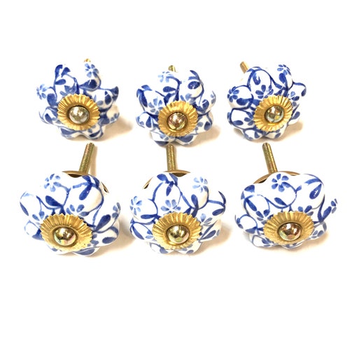 Blue Floral Artistic Knobs Handpainted Kitchen Drawer Etsy