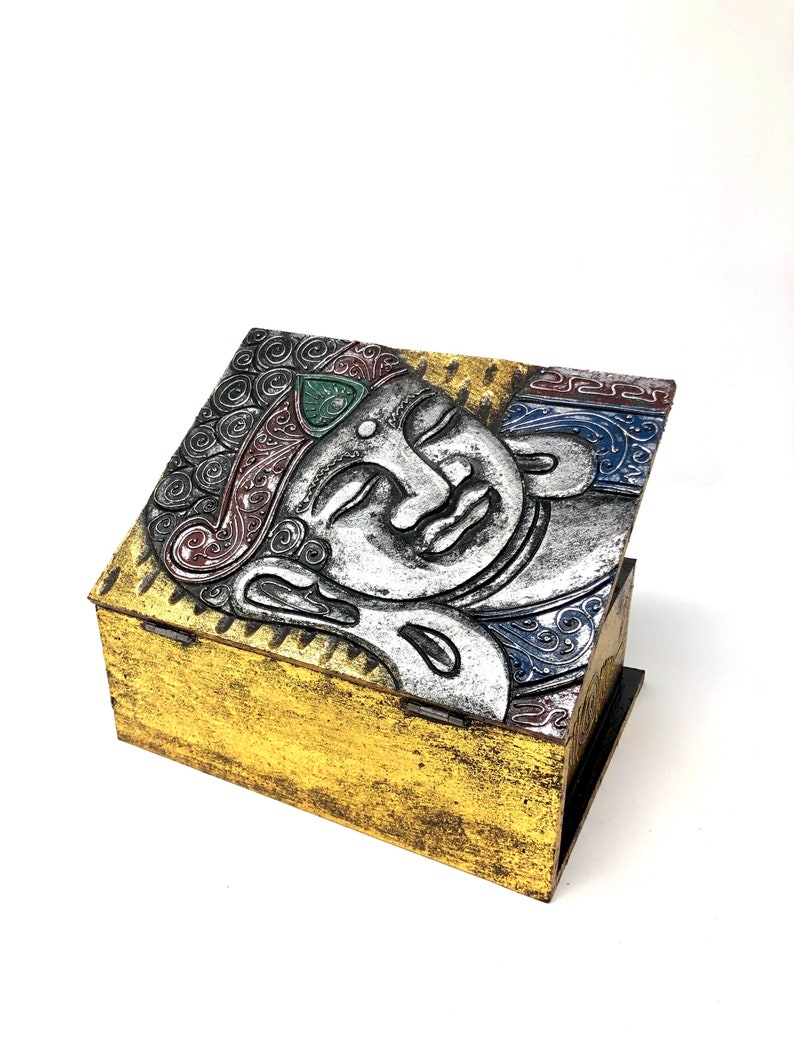 Hand Carved Jewelry Holder Buddha Decorative Box Gold Color Details