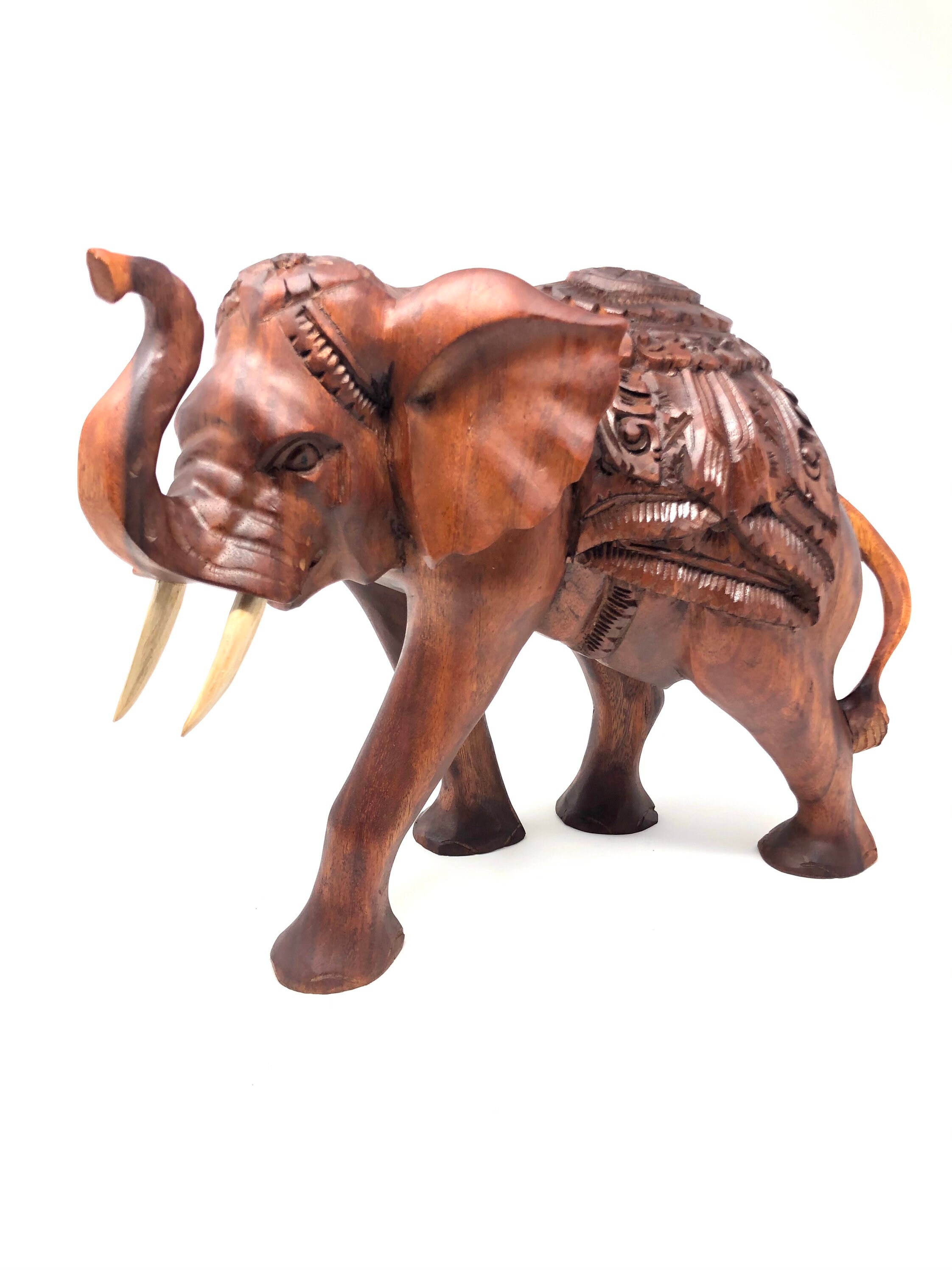 Wooden Large Elephant Statue Hand Carved With Tusks Solid Etsy