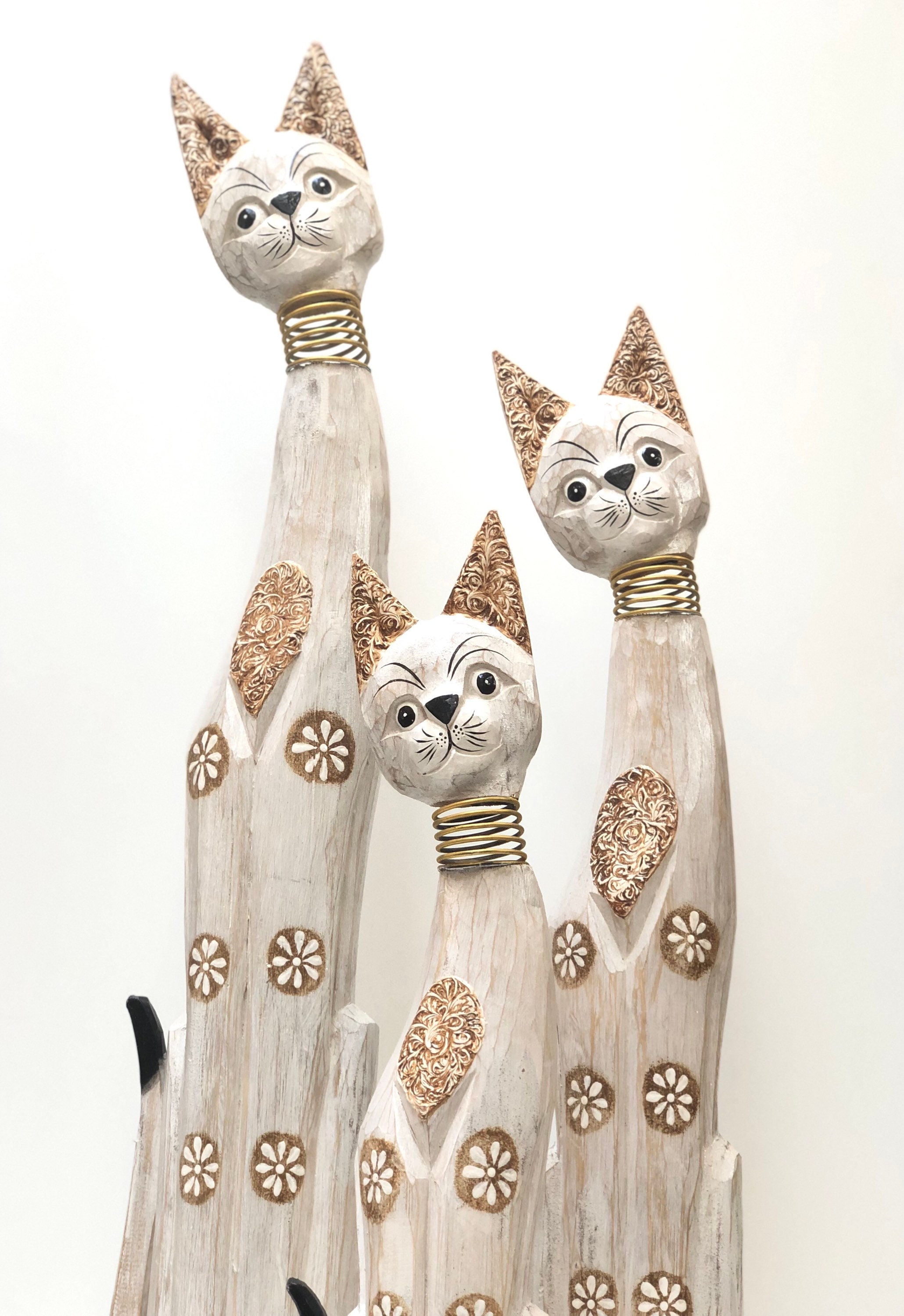 Tall Cats Statue Hand Carved & Painted Set of 3 Figurines Etsy
