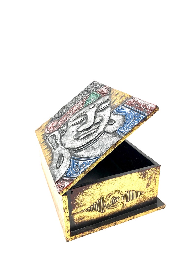 Hand Carved Jewelry Holder Buddha Decorative Box Gold Color Details