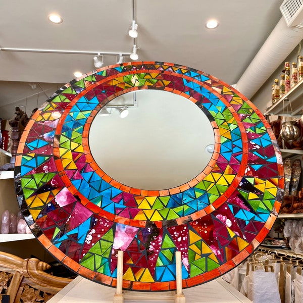 Grande mosaïque ronde Miroir Multicolore Arc-en-ciel Incrustation de verre artistique 24 « D