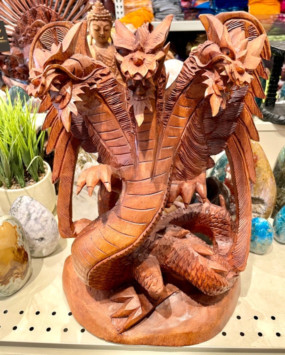 木製の大型 3 頭ドラゴン像 手彫り 重厚な木製 16 インチ - Etsy 日本