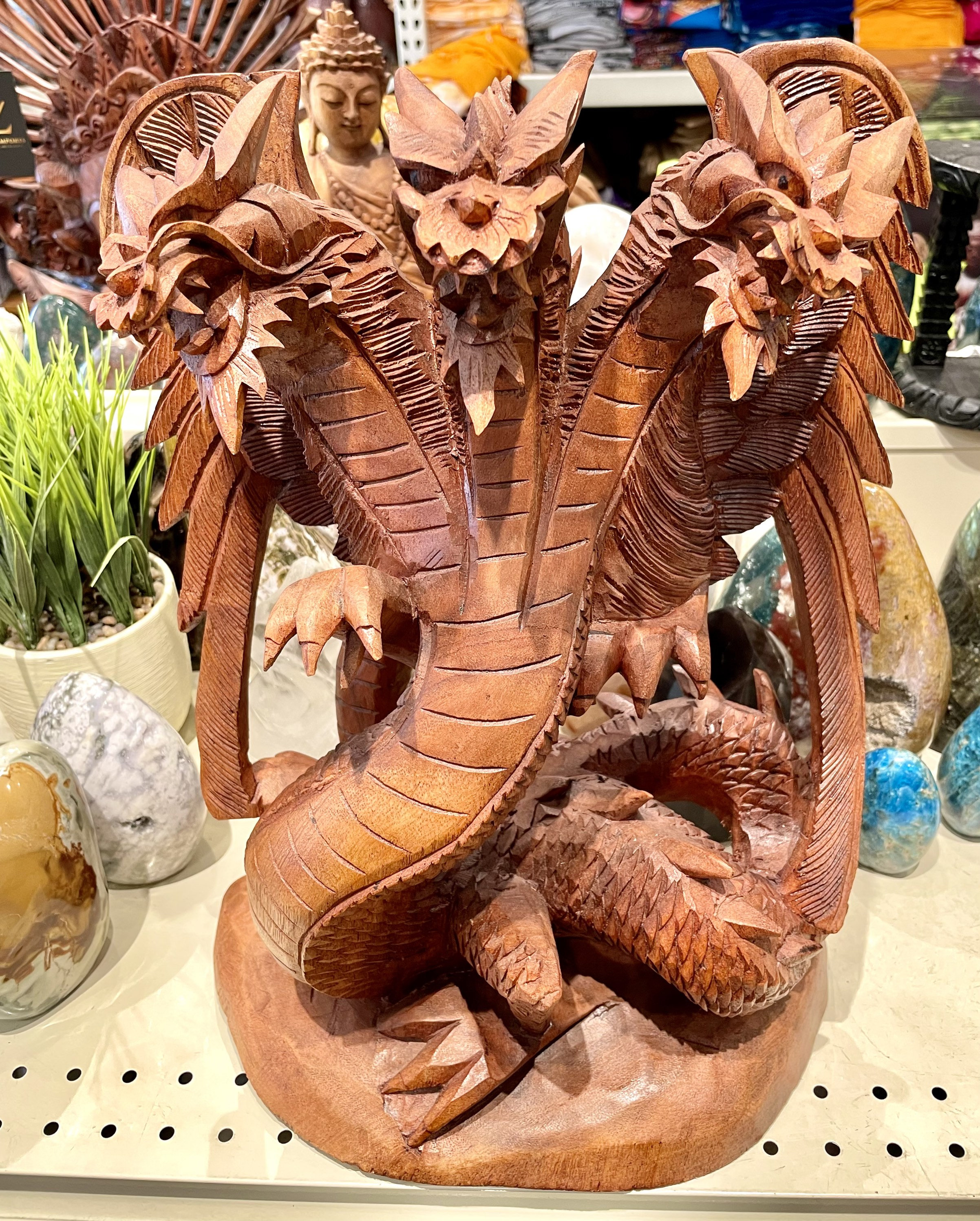 大型木製ドラゴン彫刻置物 木製の大型 3 頭ドラゴン像 手彫り 重厚な木製 16 インチ - Etsy 日本