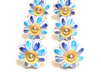 ノブ ブルー フラワー デザイン セラミック ハンドペイント キッチンキャビネット 引き出し取手 ハンドメイド セラミック ドアノブ 家具ハードウェア 6個