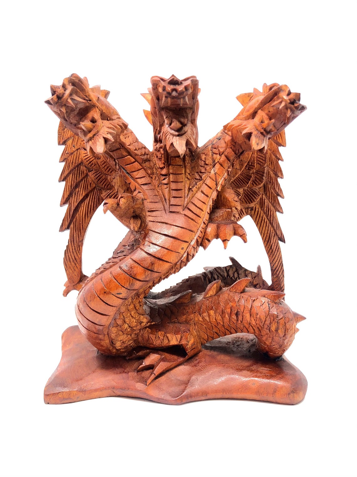 Wooden Large 3 Headed Dragon Statue Hand Carved Solid Heavy Etsy