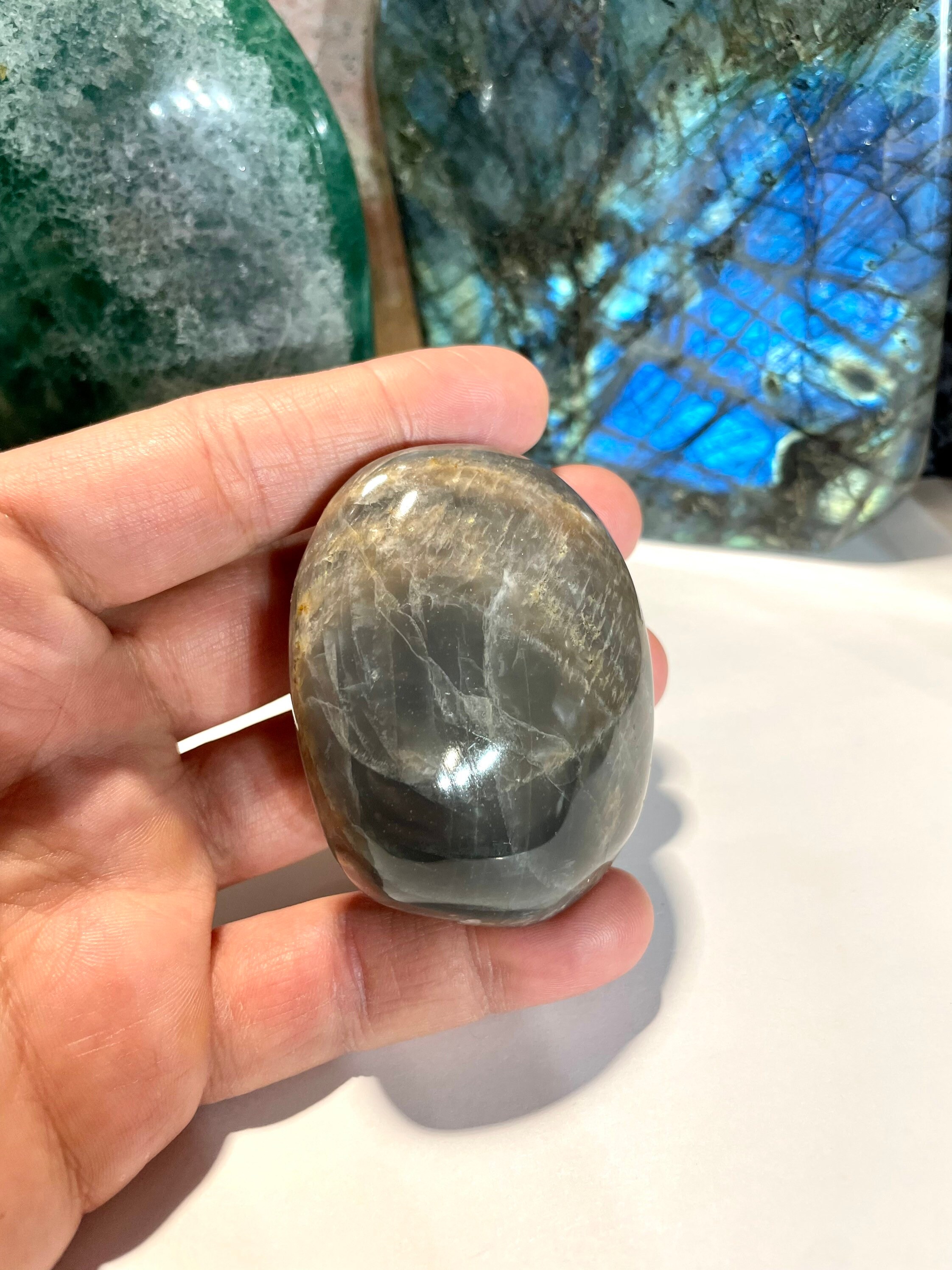 Gray Moonstone Palm Stone Grey Rock Healing Crystals Yoga Reiki