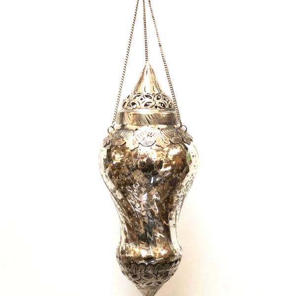 Hanging Lantern Silver Glass Moroccan Style Candle Holder