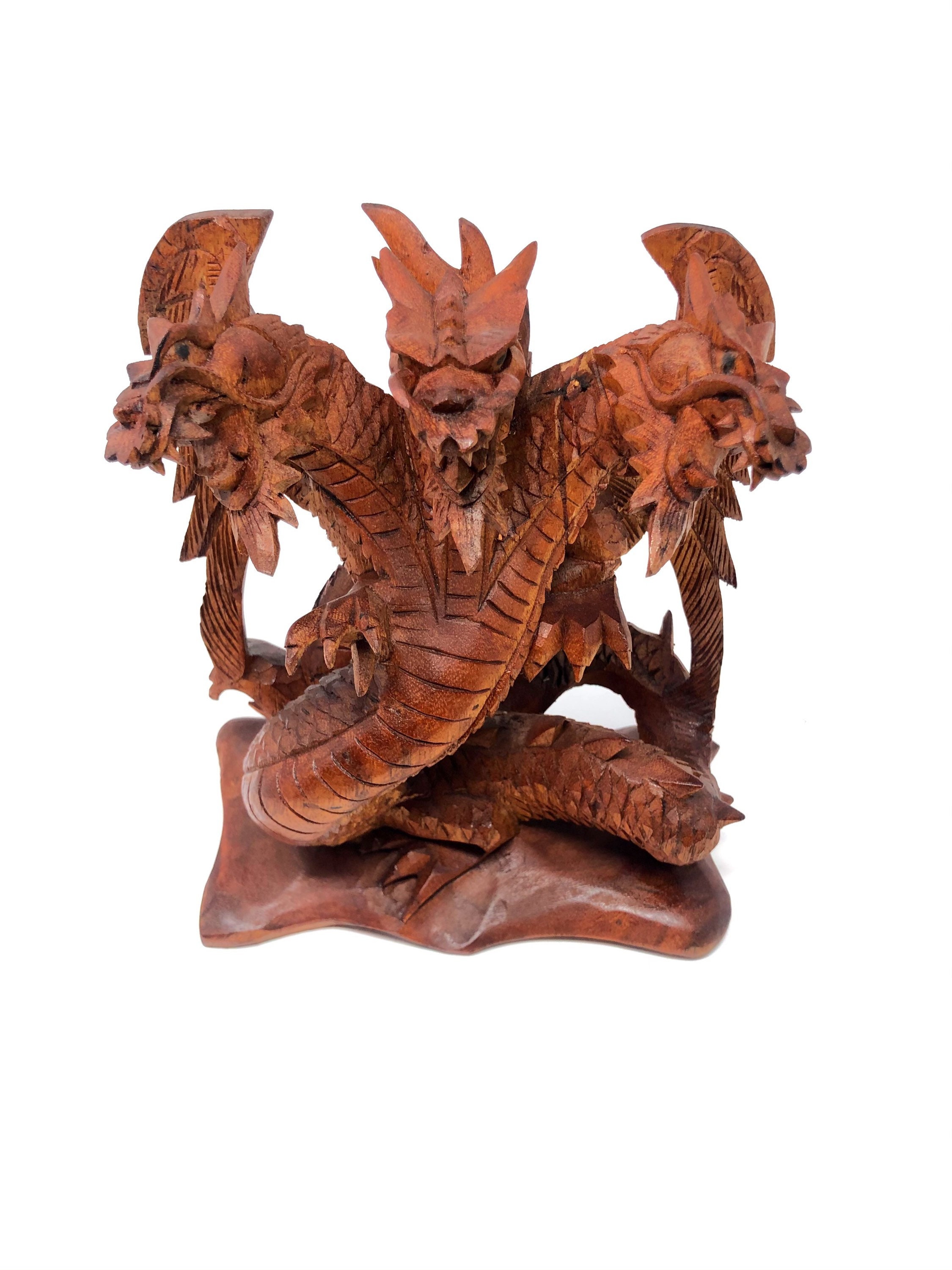 木製の大型 3 頭ドラゴン像 手彫り 頑丈な重厚木 8 インチ - Etsy 日本