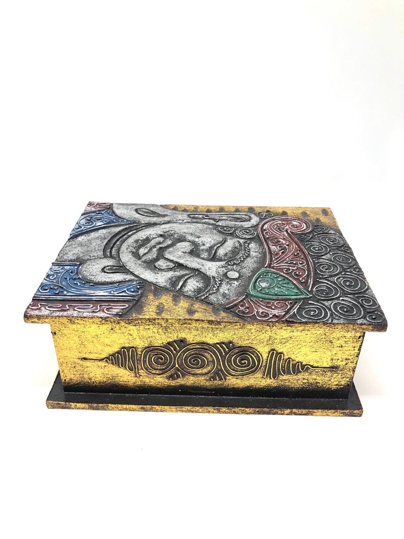 Hand Carved Jewelry Holder Buddha Decorative Box Gold Color Details