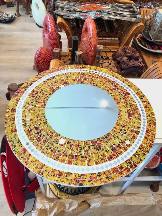Großer runder gelber Spiegel Bunt Kunstglas Inlay 24