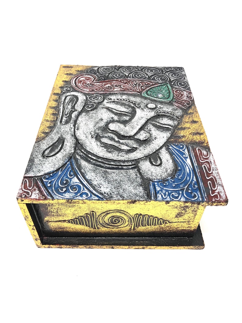 Hand Carved Jewelry Holder Buddha Decorative Box Gold Color Details