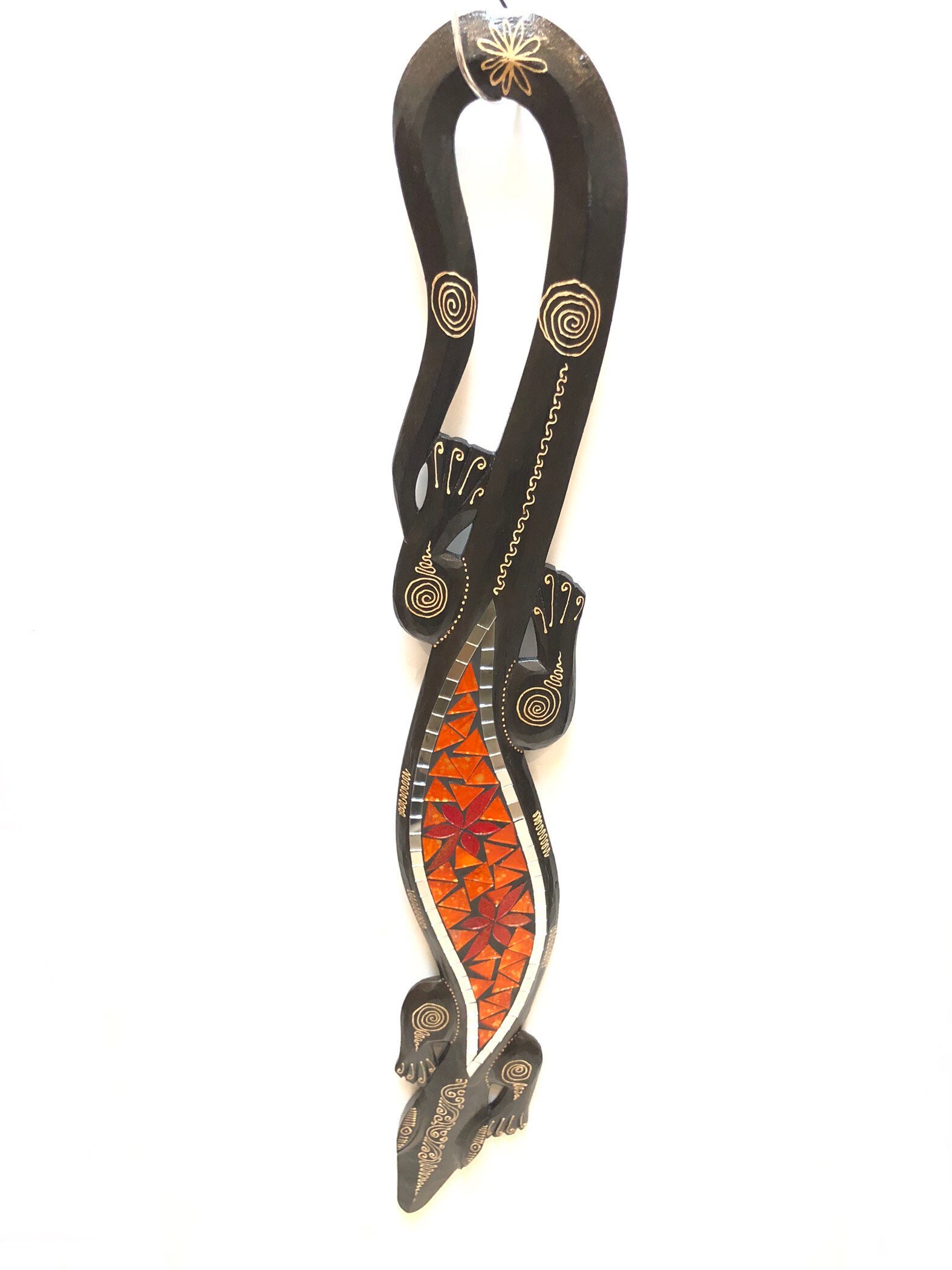 Iguana Gecko Lizard Mosaic Figurine Colorful Hand Wooden Plaque Decoration Artistic Mirror Inlay 38” x 5”