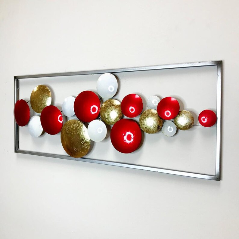 Wall Hanging Art Metal Frame Red Gold Round Shapes 29 X 11 Etsy