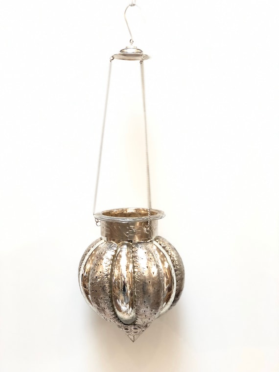 Candle Glass Lantern Round Hanging Patio Silver Oriental Style Candle Holder Etsy UK