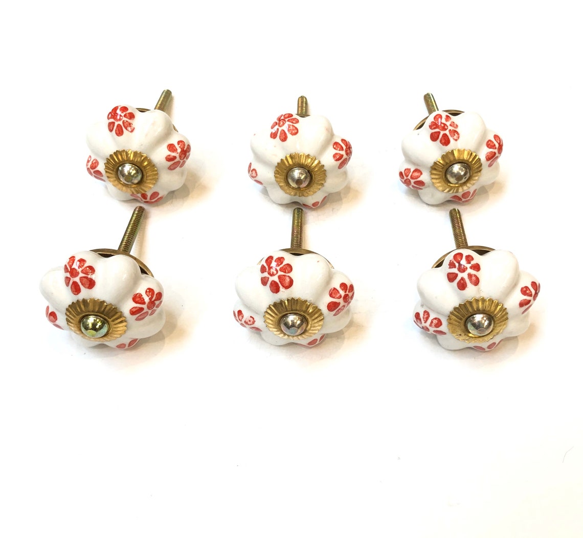 Perillas del gabinete flores rojas 6pcs cerámica pintada a | Etsy