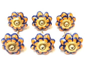 Hand-Painted Ceramic Flower Knobs, Orange Blue, Set of 6